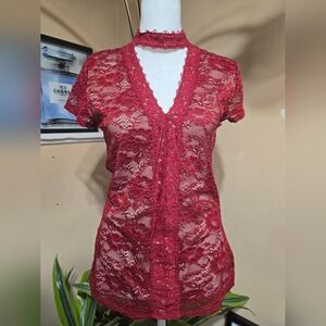 EXPRESS Elegant Red Lace Top W/ Chocker Collar V- Neck. Size S